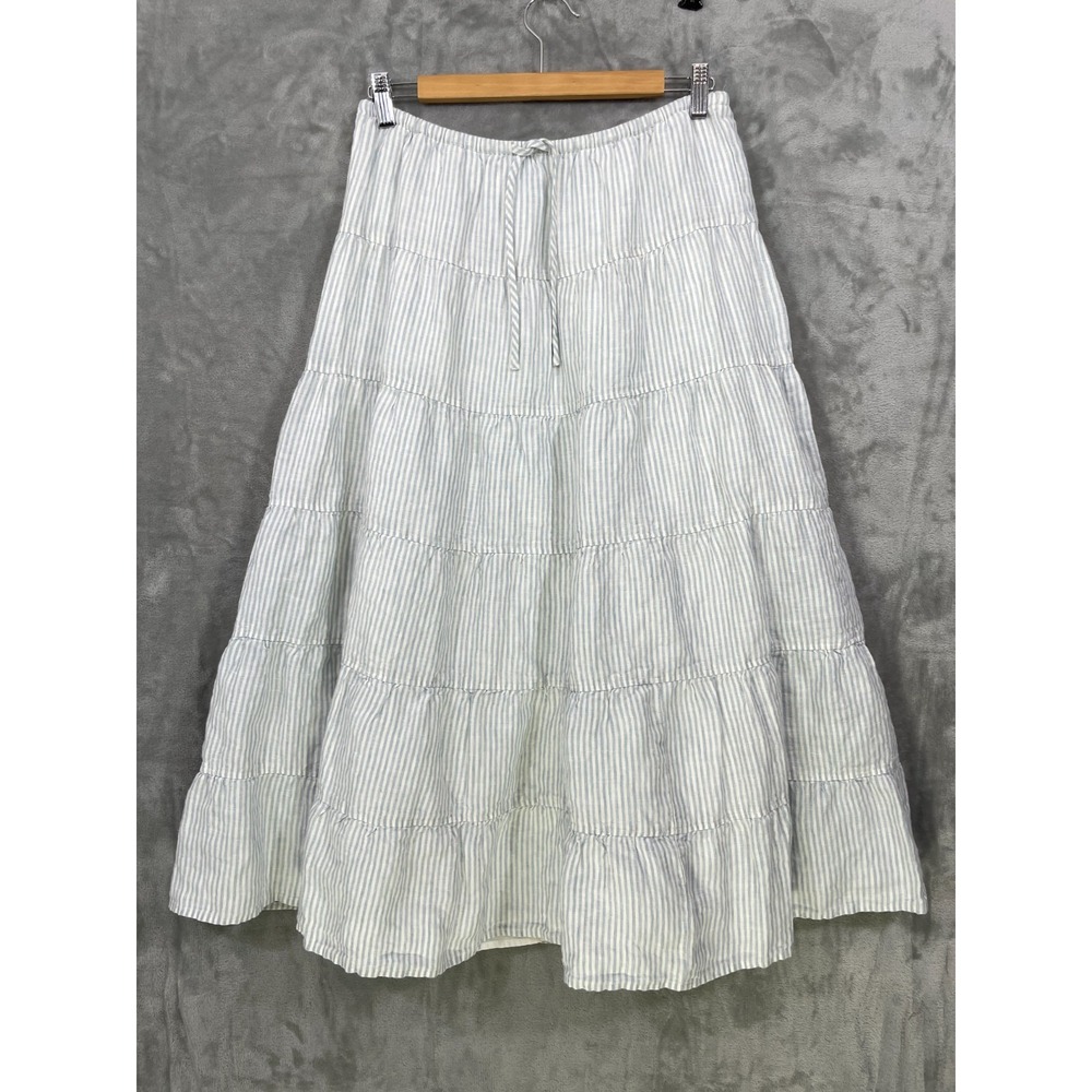 Aritzia Wilfred Skirt Womens Size M 100% Linen Lined Tiered Striped White Blue